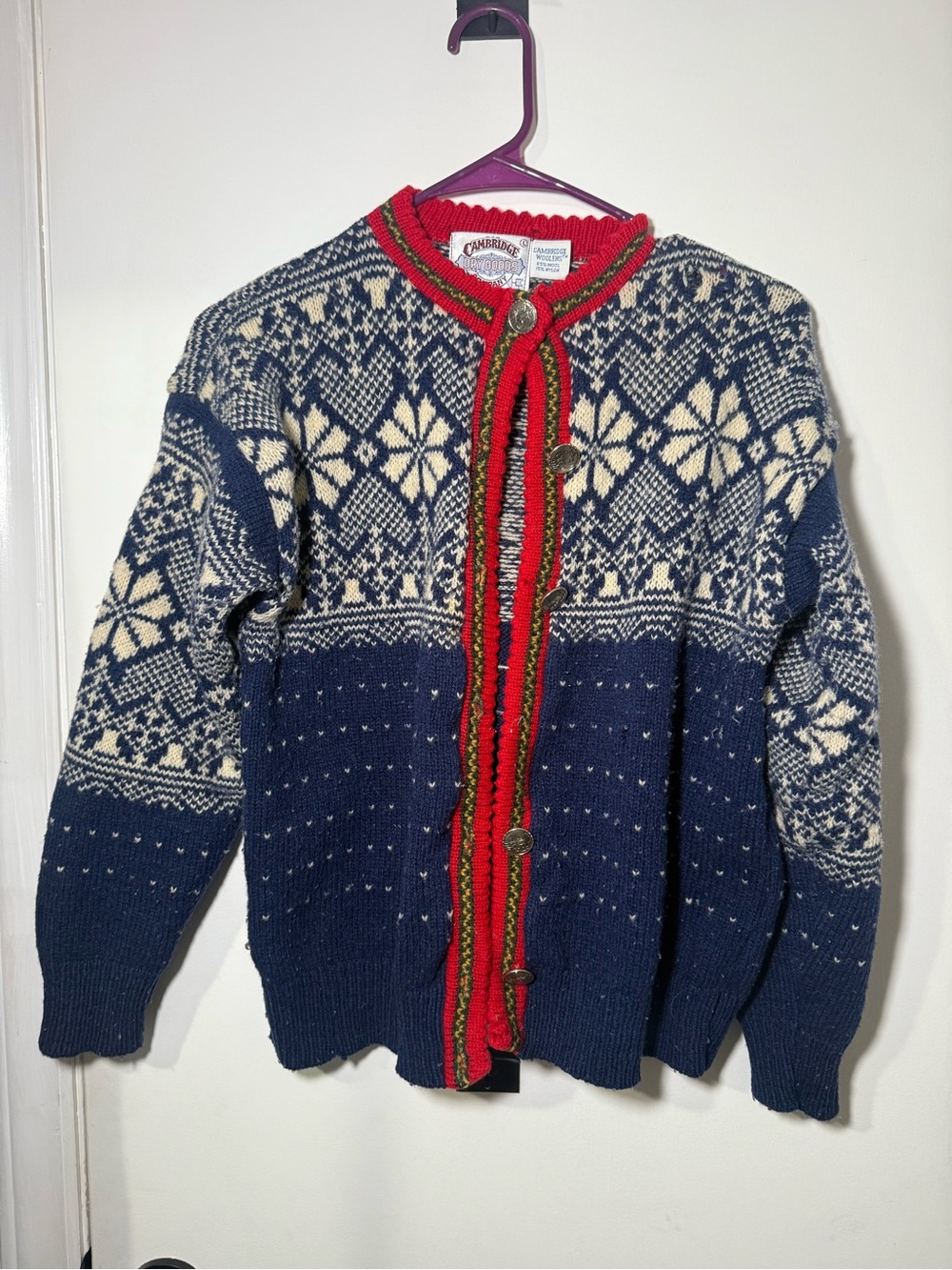 Vintage 1990s Cambridge Dry Goods Navy, Cream & Red Nordic Wool Cardigan